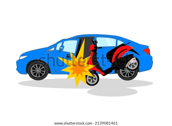 Motorcycle crash a car\
at the door car. The accident is between a red motorcycle and the\
blue blue car. 