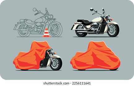 The motorcycle cruiser is in the garage protected by an orange cover. Motorcycle storage and delivery. Illustration of a custom motorcycle. Vector graphics.