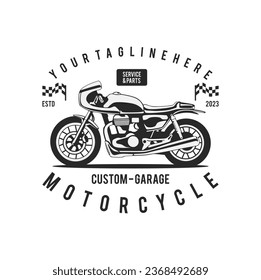 motorcycle custom garage illustration, motorcycle service and parts. vintage custom motorcycle emblems, labels, badges, logos, prints, templates.