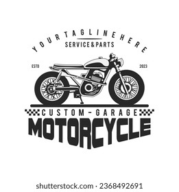 motorcycle custom garage illustration, motorcycle service and parts. vintage custom motorcycle emblems, labels, badges, logos, prints, templates.