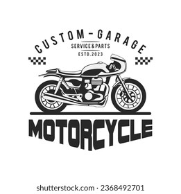 motorcycle custom garage illustration, motorcycle service and parts. vintage custom motorcycle emblems, labels, badges, logos, prints, templates.