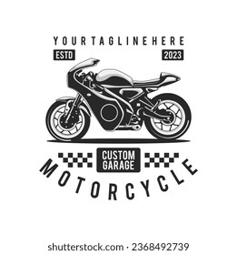 motorcycle custom garage illustration, motorcycle service and parts. vintage custom motorcycle emblems, labels, badges, logos, prints, templates.