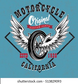 Motorcycle custom parts emblem of shop with winged wheel red ribbon on blue textured background vector illustration