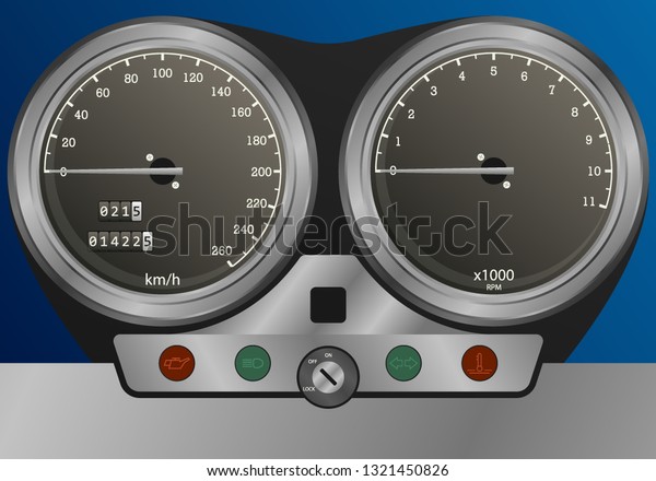 Motorcycle dashboard. Set with speedometer, rpm\
gauge and indicators. Vector\
eps10.