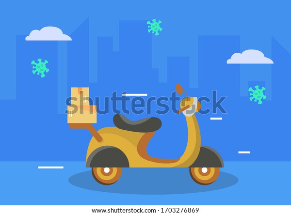 Motorcycle delivery design illustration, With\
medicine package, City background and corona virus, Can be used for\
many purpose.