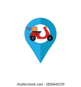 Icono plano de entrega de motocicletas, entrega de ubicación de ilustración. vector de plantilla de diseño
