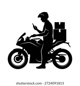 Silueta del jinete de la entrega de la motocicleta usando Smartphone.