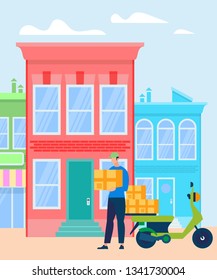 Motorcycle Delivery Service, Man Courier Come on Scooter with Box Parcel to Address for Express Delivery. Green Motobike Stand Near. Big House in City View Background. Cartoon Flat Vector Illustration