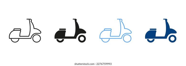 Motorcycle for Delivery Service Outline and Solid Sign Collection on White Background. Scooter Line and Silhouette Color Icon Set. Moped, Motorbike, Motorcycle Pictogram. Isolated Vector Illustration.