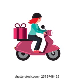 Motorcycle delivery woman with gift parcel express