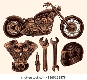 Motorcycle. Design set. Hand drawn engraving. Editable vector vintage illustration. Isolated on light background. 8 EPS