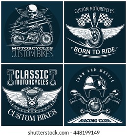 Motorcycle detailed emblem set with descriptions of custom bikes born to ride classic motocycles and racing club vector illustration