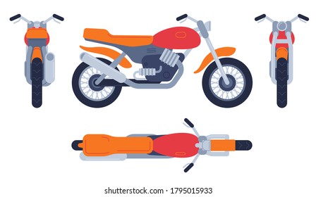 Motorcycle in different positions. Motorbike top, front back and side view, detailed motocross vehicles transport mockup vector set. Motorcycle and bike, motorbike transport illustration