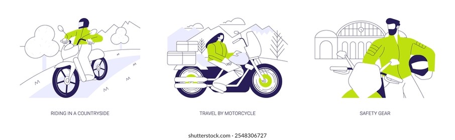 Motorcycle driver abstract concept vector illustration set. Riding motorbike in a countryside, travel by motorcycle in mountains, safety gear, off road vehicle, summer adventure abstract metaphor.