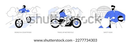 Motorcycle driver abstract concept vector illustration set. Riding motorbike in a countryside, travel by motorcycle in mountains, safety gear, off road vehicle, summer adventure abstract metaphor.