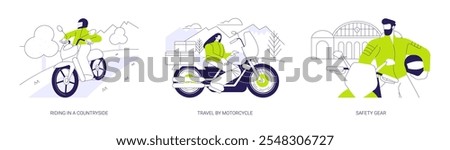Motorcycle driver abstract concept vector illustration set. Riding motorbike in a countryside, travel by motorcycle in mountains, safety gear, off road vehicle, summer adventure abstract metaphor.