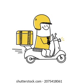 Motorcycle driver with delivery man. Fast courier with pizza. Funny stick man. Doodle style. Vector illustration.