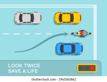 Motorcycle Driver Drives Between Lanes. Stop Line At Traffic Light. Look Twice, Save A Life Warning Design. Flat Vector Illustration Template.