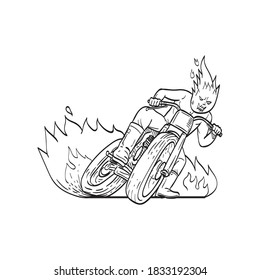 Conductor de motocicleta con cabeza de fuego Motocicleta de pista plana de carreras de pista de arte Dibujo negro y blanco