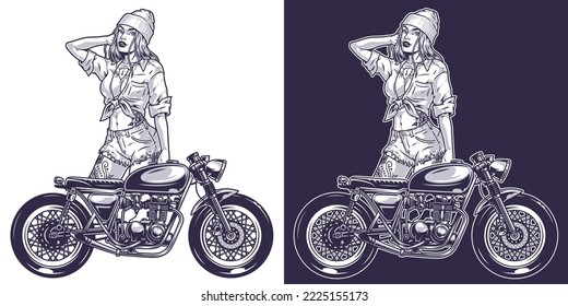 Motorcycle driver girl sticker monochrome portrait of cool female motorcyclist with stylish tattoos dressed in cocky look vector illustration