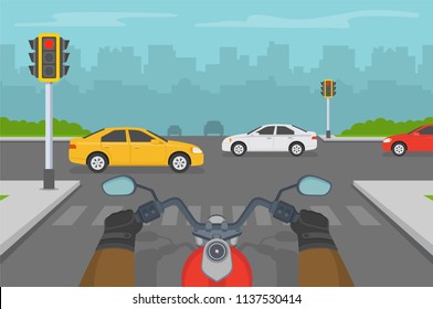 Motorcycle driver waiting on a red light on city crossroad. Hands holding handlebar. Biker rides classic bike. Flat vector illustration template.