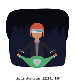 A motorcycle driver wearing a dark jacket and a modern helmet is driving at night against a forest background