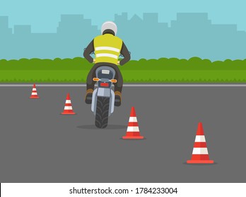 Motorcycle Driving Lesson. Learner Motorcyclist Practising To Turn While Riding A Bike. Flat Vector Illustration Template.