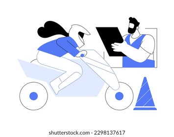 Motorcycle driving lessons abstract concept vector illustration. Woman learning to drive motorcycle with instructor, practicing ride, personal transport, training process abstract metaphor.