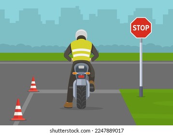 Práctica de la motocicleta. Un motociclista estudiante parado en el cartel "Stop". Vista posterior. Prioridad de la carretera de cruce. Plantilla de ilustración vectorial plana.