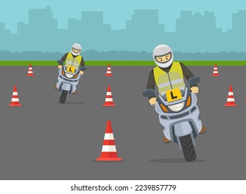 Práctica de la motocicleta. Estudiantes de motociclistas practicando para dar vuelta. Vista frontal de un estudiante que va en bicicleta por una carretera de prueba con conos rojos. Plantilla de ilustración vectorial plana.