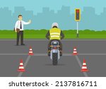 Motorcycle driving practice test with red cones. Llearner motorcyclist practising to ride a bike. Instructor makes a stop gesture with his hand. Flat vector illustration template.