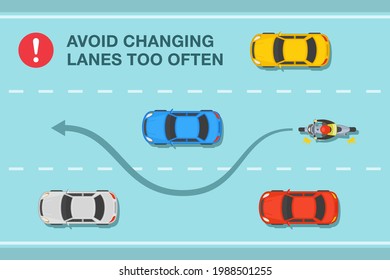 Motorcycle Driving Safety Rule. Bike Rider Is Changing Position On Three Lane Road. Avoid Changing Lanes Too Often. Flat Vector Illustration Template.