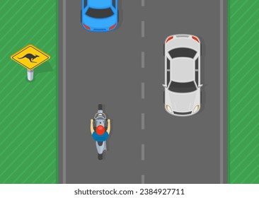 Motorcycle driving tips and rules. Top view of a biker on a left-hand traffic australian highway. Flat vector illustration template.