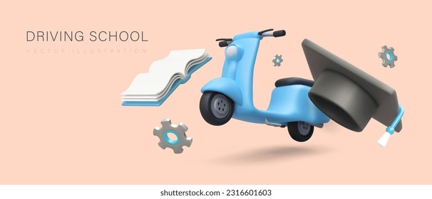 Motorcycle, electric scooter, moped driving lessons. Theory and practice under instructor supervision. Learning process. Color positive advertising of driving school, floating 3D objects