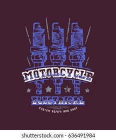 Motorcycle electrical repair emblem. Graphic design for t-shirt with image of spark-plug. Color print on burgundy background