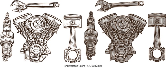 Motorcycle element vector illustration. Hand drawing style with vintage color style. isolated in white background