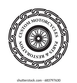 Motorcycle emblem in monochrome silhouette style, logo with wheel and chain