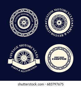 Motorcycle emblems in monochrome silhouette style, logo with wheel and chain