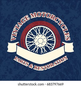 Motorcycle emblems in red and beige silhouette style, logo with wheel and chain