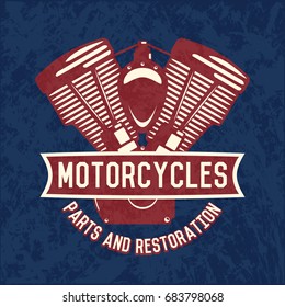 Motorcycle emblems in red and beige silhouette style, logo with motor and ribbon
