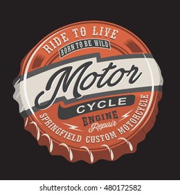 Motorcycle engine bottle cap typography, t-shirt graphics, vectors