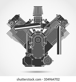 Motorcycle engine, car motor, machine parts, Motorcycle engineering, Motorcycle gear technology. Vector Motorcycle part illustration