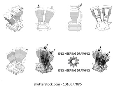 Motorcycle engine drawing on white background