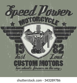 Motorcycle engine, engineering gear technology, motor shop print logo, riders team emblem graphic design. Vector 