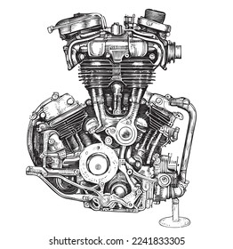 Dibujo del motor de motocicleta con dibujos a mano Estilo de grabado logo Ilustración del vector