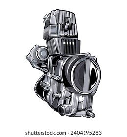 Motorcycle engine hand drawn sketch engraving style logo vector illustration