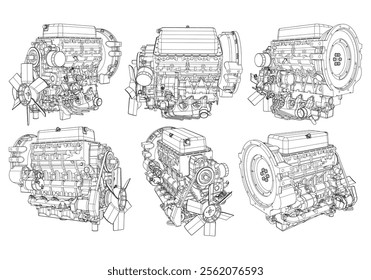 Motorcycle engine icon design template, outline icon, black line art vector illustration isolated on white background