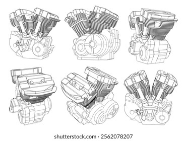 Motorcycle engine icon design template, outline icon, black line art vector illustration isolated on white background