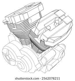 Motorcycle engine icon design template, outline icon, black line art vector illustration isolated on white background