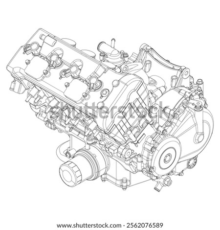 Motorcycle engine icon design template, outline icon, black line art vector illustration isolated on white background